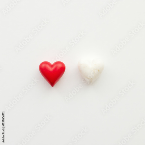 Two Heart Symbols—One Vibrant Red and One Soft White—Placed Diagonally on a Clean White Background Creating a Harmonious Contrast