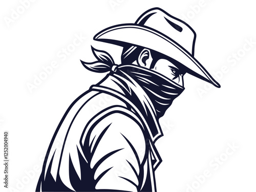 Strong Vector silhouette of a cowboy with a bandana covering his face portrait, isolated in white. Ideal for Western-themed designs, logos, and digital artwork.