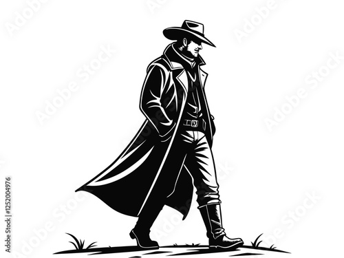 Western cowboy in a duster coat and hat, black silhouette, rugged and bold, isolated in white. Ideal for Western-themed designs, logos, and digital artwork. white background, flat vector