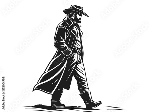 Western cowboy in a duster coat and hat, black silhouette, rugged and bold, isolated in white. Ideal for Western-themed designs, logos, and digital artwork. white background, flat vector