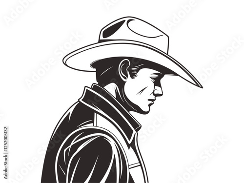 Vector silhouette of a cowboy portrait, isolated in white. Ideal for Western-themed designs, logos, and digital artwork Png