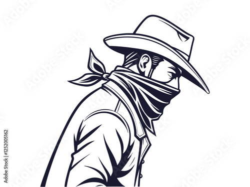 Strong Vector silhouette of a cowboy with a bandana covering his face portrait, isolated in white. Ideal for Western-themed designs, logos, and digital artwork.