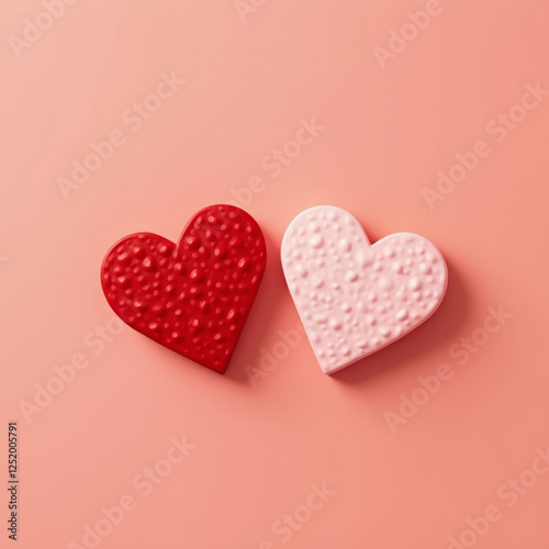 Two Hearts—One Crimson and One Pastel Pink—Stacked Vertically on a Soft Coral Background Symbolizing Deep Love