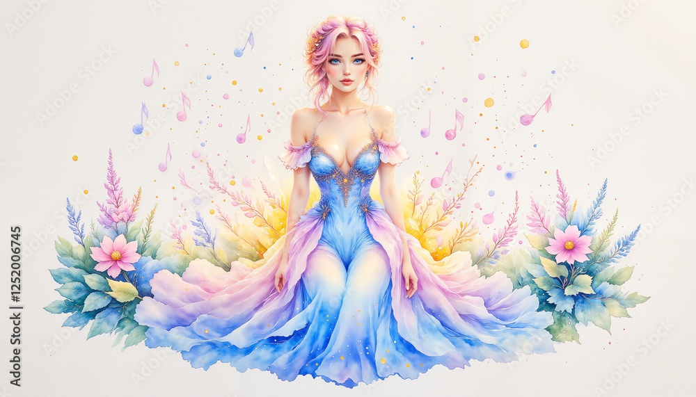 Graceful woman in flowing dress surrounded by music notes, serene beauty Graceful woman in flowing dress surrounded by music notes, serene beauty