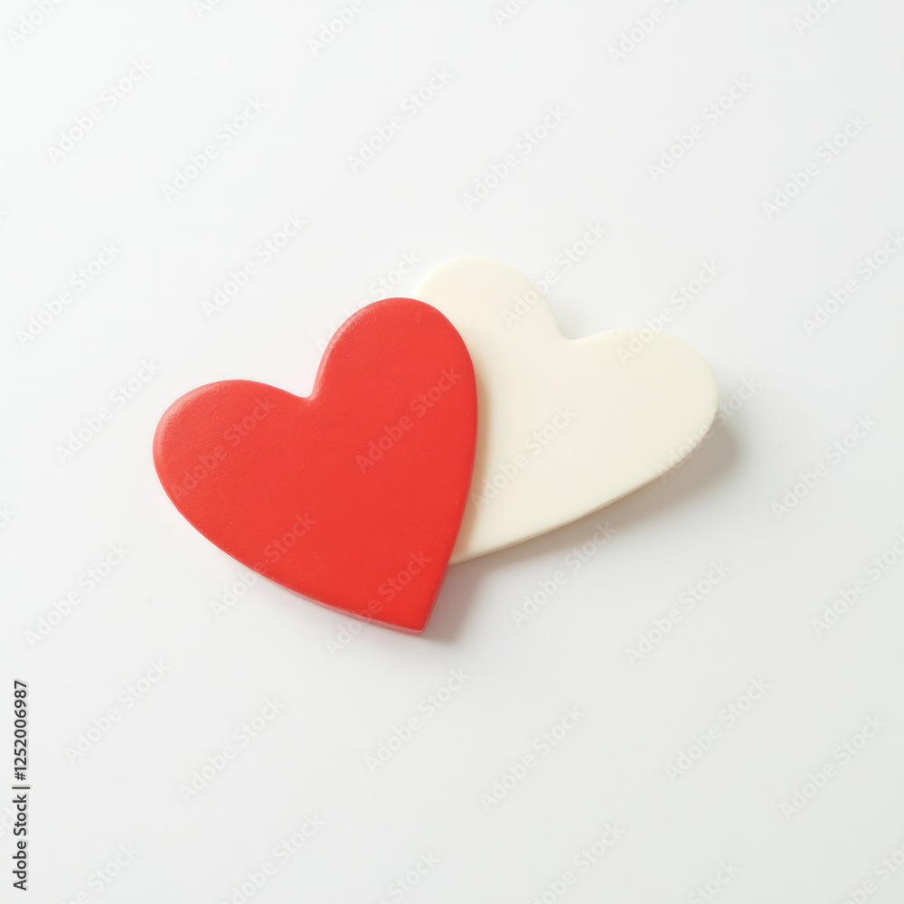 Two Heart Symbols—One Vibrant Red and One Soft White—Placed Diagonally on a Clean White Background Creating a Harmonious Contrast Two Heart Symbols—One Vibrant Red and One Soft White—Placed Diagonally on a Clean White Background Creating a Harmonious Contrast