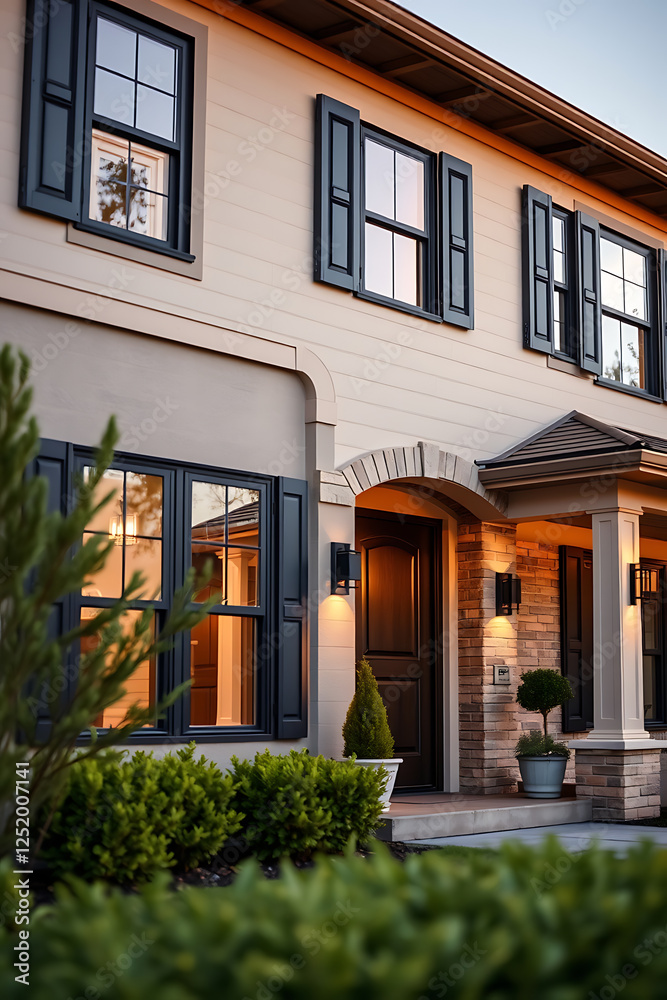 Fototapeta premium Luxury Home Exterior at Dusk: Elegant Brick Facade with Black Shutters and Warm Lighting