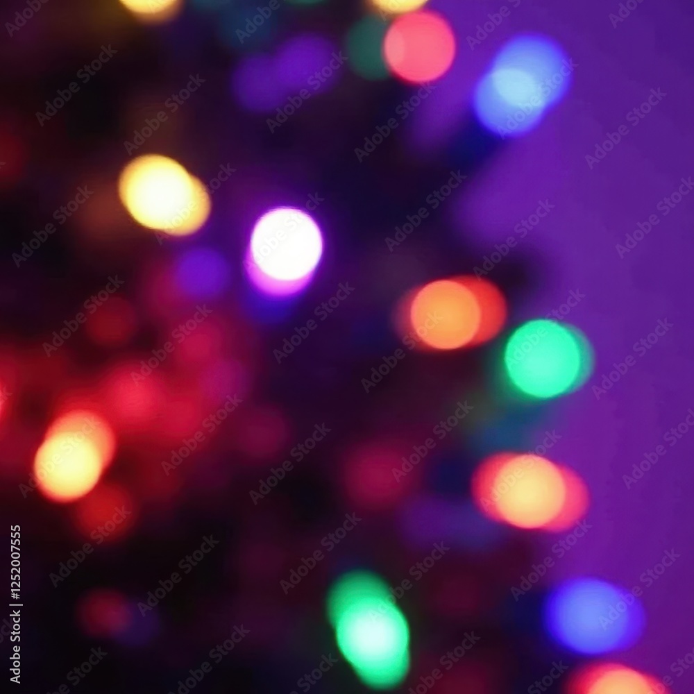 Blurred multicolored Xmas lights, violet background, glow, holiday backdrop Blurred multicolored Xmas lights, violet background, glow, holiday backdrop