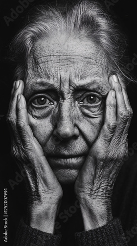 Black and White Portrait of an Elderly Woman Holding Her Face, Expressing Deep Emotion, Aging, and Contemplation