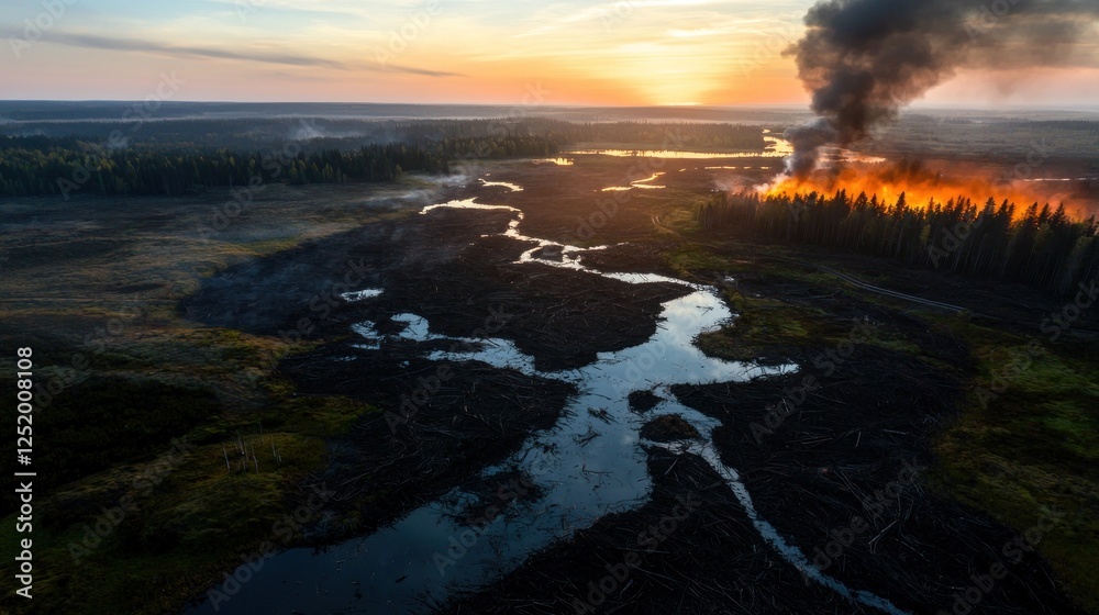 Fototapeta premium Sunset wildfire aerial view, boreal forest burning, deforestation, environmental damage