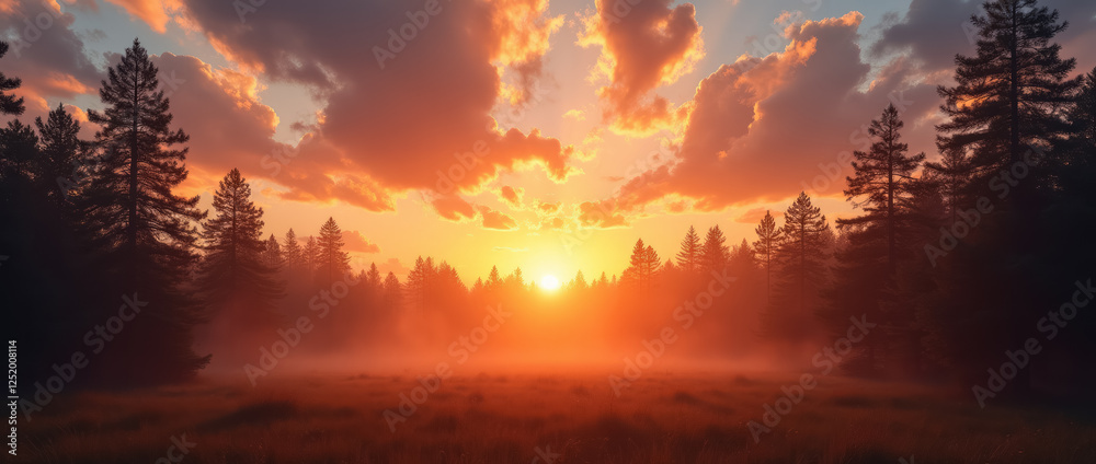 Warm Sunset Through a Dense Forest with Long Shadows Warm Sunset Through a Dense Forest with Long Shadows
