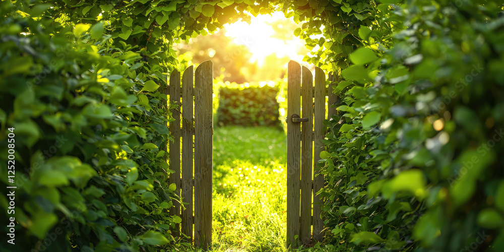 Fototapeta premium Open gate door of a garden plot fence in lush greenery. An invitation to visit a private house, cottage. Country house in nature