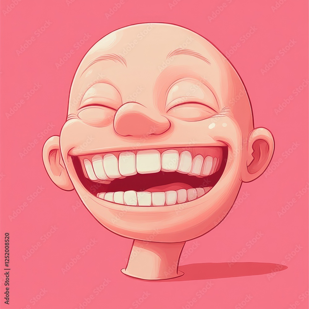 Obraz premium Amusing Cartoon Illustration of a Bald Tan-Skinned Head with Eyes Closed and a Wide, Toothy Grin Displaying Joyful Laughter and Expressive Emotions