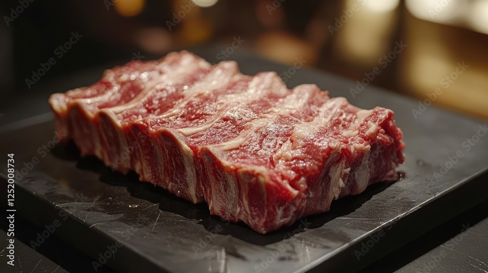 Fototapeta premium Raw Slab of Meat on Black Cutting Board
