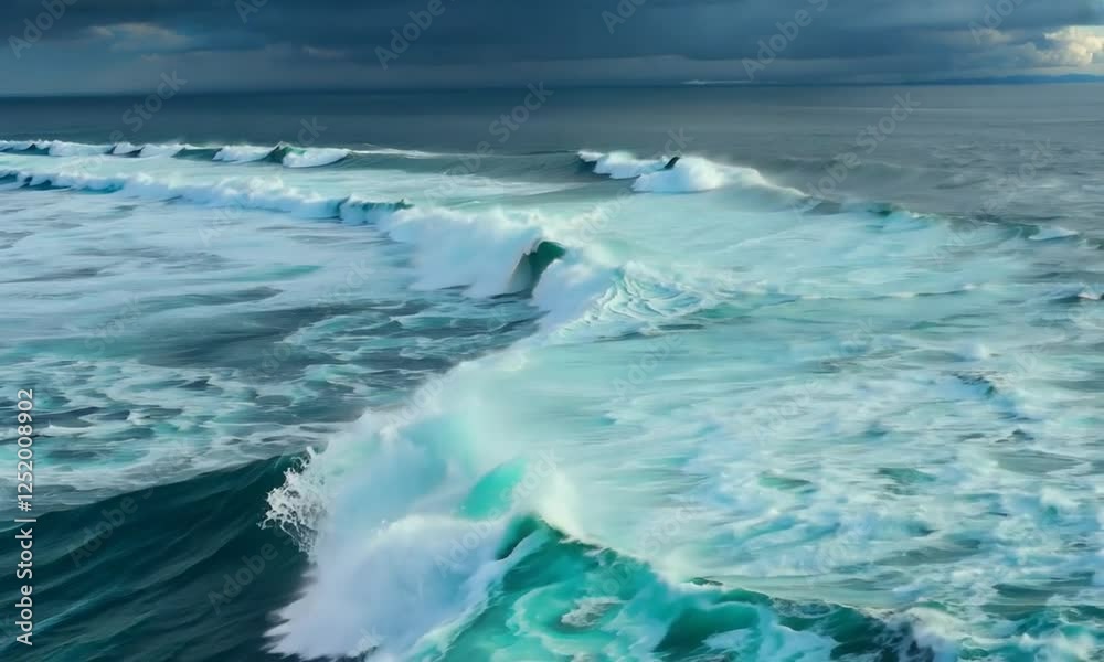 A dramatic aerial shot of ocean waves crashing on the shore. The waves are large and powerful, creating a sense of energy and motion. A dramatic aerial shot of ocean waves crashing on the shore. The waves are large and powerful, creating a sense of energy and motion.