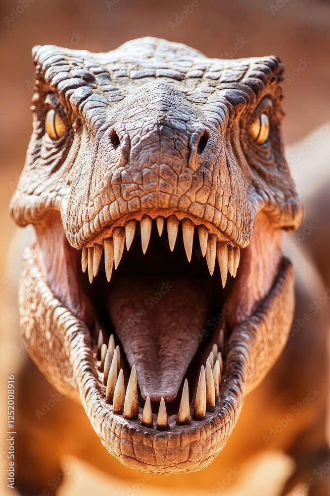 Prehistoric realistic dinosaur growls with open mouth, sharp teeth. Advertising background for dinosaur exhibition park Prehistoric realistic dinosaur growls with open mouth, sharp teeth. Advertising background for dinosaur exhibition park