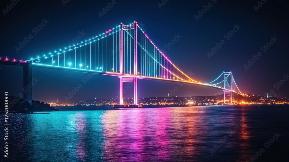 Obraz premium Illuminated bridge, Istanbul nightscape, city skyline, tourism