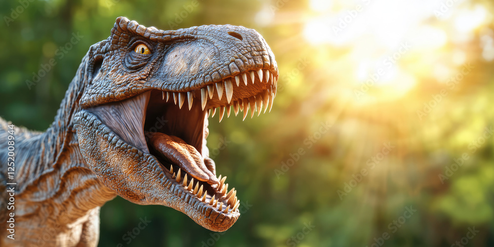 Prehistoric realistic dinosaur growls with open mouth, sharp teeth. Advertising background for dinosaur exhibition park Prehistoric realistic dinosaur growls with open mouth, sharp teeth. Advertising background for dinosaur exhibition park