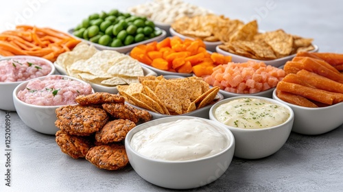 Variety of healthy snacks and dips on a platter photo
