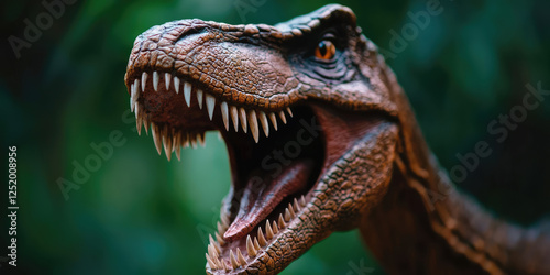 Prehistoric realistic dinosaur growls with open mouth, sharp teeth. Advertising background for dinosaur exhibition park photo