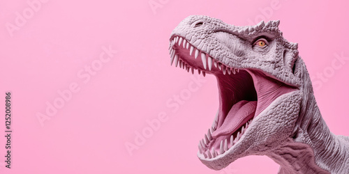 Prehistoric realistic dinosaur growls with open mouth, sharp teeth. Advertising background for dinosaur exhibition park photo