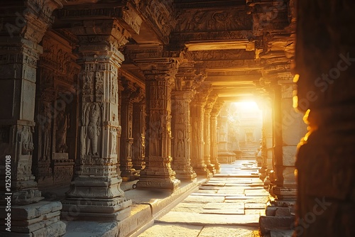 Warm light highlighting the intricate carvings an ancient stone temple