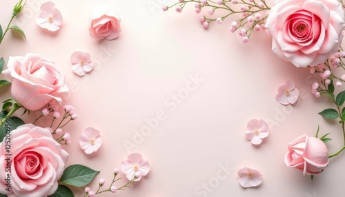 Flowers composition. Frame made of pink roses on pastel pink background. Flat lay, top view and copy space