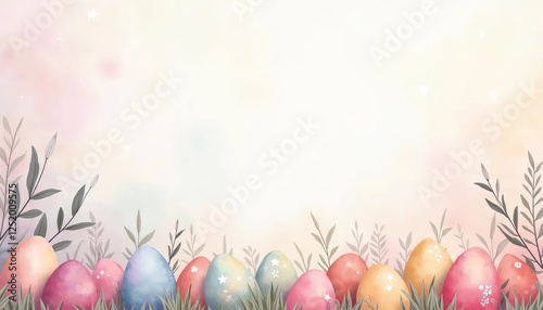 Easter background with eggs and leaves. Watercolor. Illustration with copy space for text.