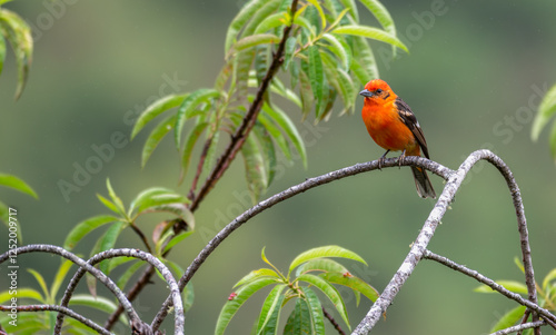 Flame-colored tanager on a tree branch. photo