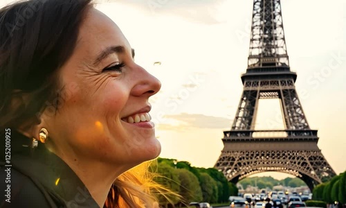 A close-up shot of a woman's face as she smiles and looks up at the Eiffel Tower in Paris. The scene is set at sunset, and the golden light illuminates her face and the tower behind her.