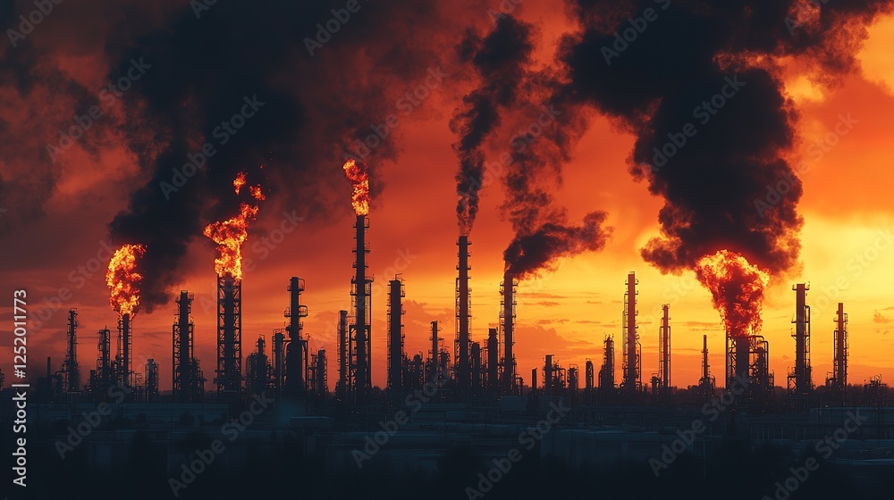 Obraz premium Fossil fuel emissions rising industrial landscape oil refineries urban environment sunset view environmental concerns
