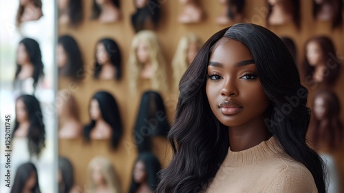 Woman with long hair in wig shop