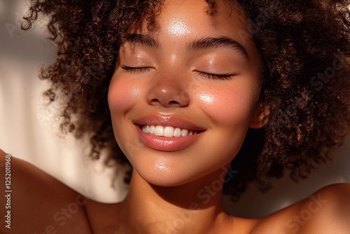 A close-up portrait of a young woman receiving facial sugar waxing, showing her relaxed and comfortable with a beautician working gently on her upper lip.
