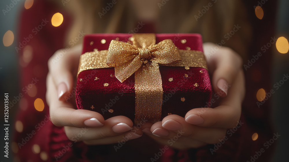 Woman hands holding red luxury gift satin ribbon, shopping Valentines, New Year, Mothers, Christmas