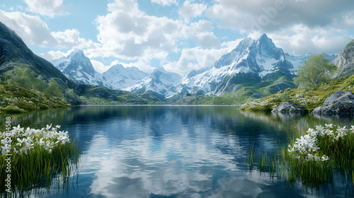 Serene mountain lake, spring flowers, clear sky, peaceful landscape; travel poster