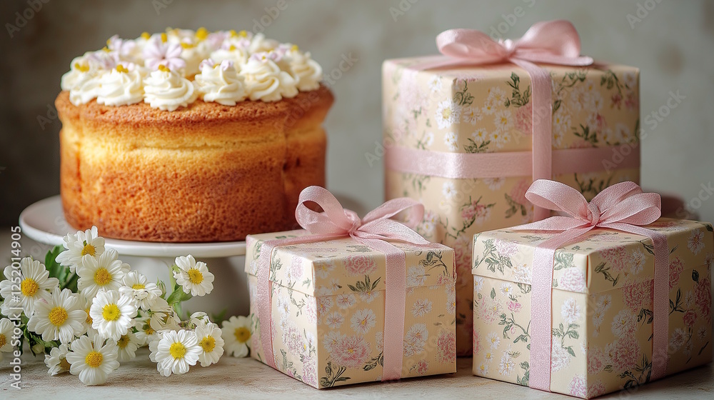 Elegant mothers day gift boxes with cake and daisies for celebratory design, Mother's Day concept Elegant mothers day gift boxes with cake and daisies for celebratory design, Mother's Day concept