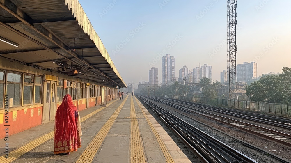 Naklejka premium Woman walking train platform, city skyline, sunrise