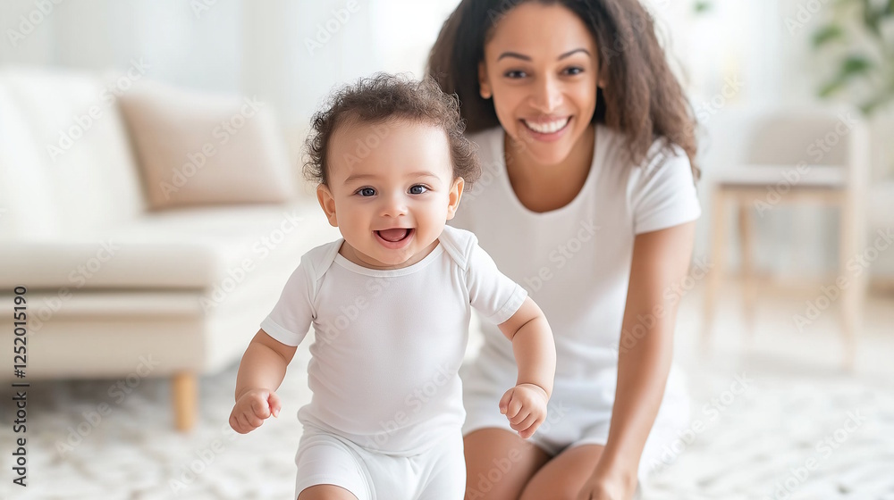 Joyful milestone moment of baby's first steps with loving mother in a cozy home setting, Mother's Day concept Joyful milestone moment of baby's first steps with loving mother in a cozy home setting, Mother's Day concept