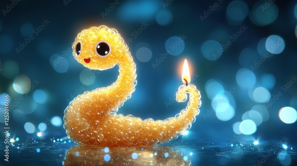 Fototapeta premium A cute, bubbly snake-shaped candle with a lit wick sits on a reflective surface. The bokeh background adds a magical touch.