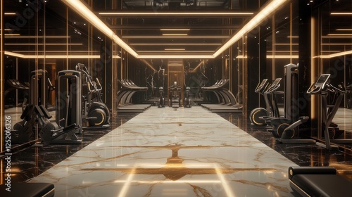 Luxurious gym interior with gold accents, marble flooring, and mirrored walls photo