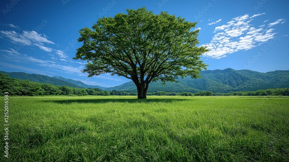 Obraz premium Lone tree meadow, mountain backdrop, sunny day, nature scene, calm