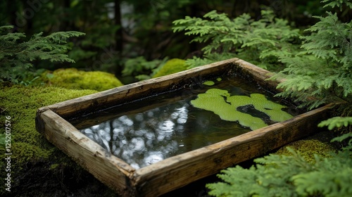 Calm yet forgotten, a worn-out wooden tray filled with unmoving water rests amid dense foliage, softened by time and moss. photo