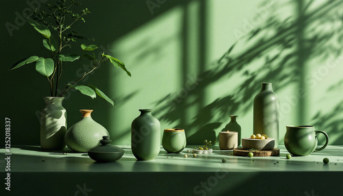 Minimalist green aesthetic with ceramic vases and natural shadows  
