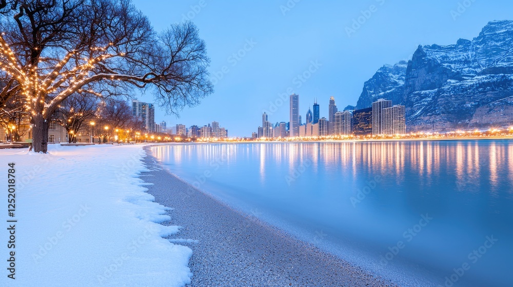 Naklejka premium Snowy Chicago beach, city skyline at dusk