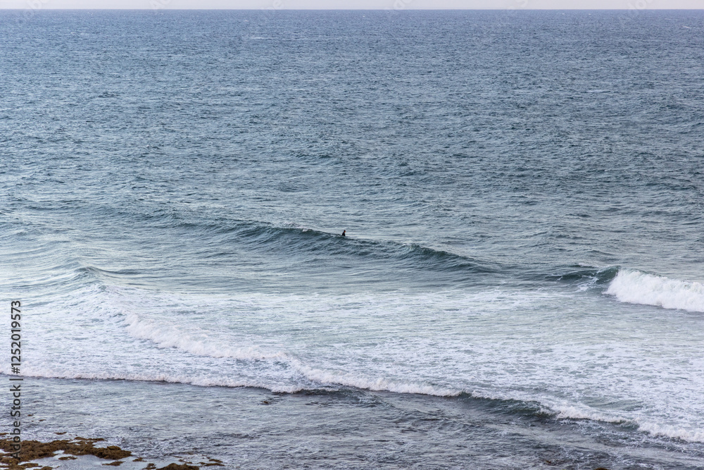 Fototapeta premium Ocean Waves: A lone surfer in a vast seascape under a cloudy sky.