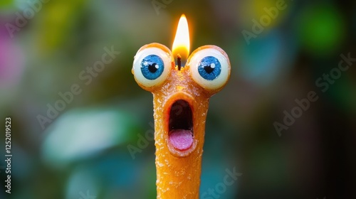 A surprised-looking candle with googly eyes and a lit wick. photo