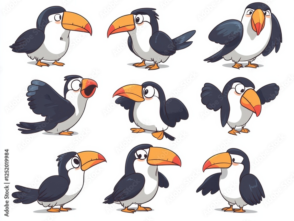 Fototapeta premium Colorful cartoon toucans displaying playful poses and expressions in various playful stances