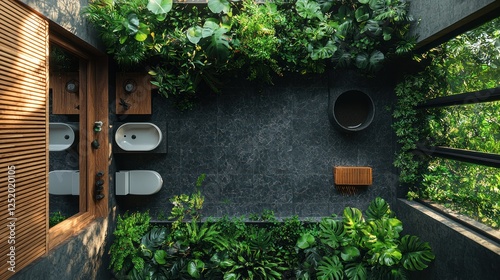 Luxurious indoor garden bathroom, overhead view photo
