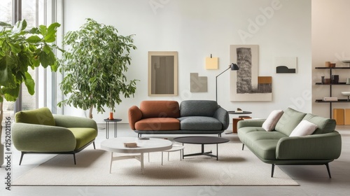 Modern living room furniture arrangement, neutral tones, plant, art photo