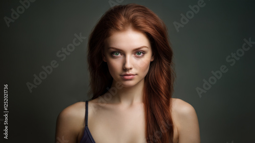A beautiful woman with long, auburn hair looking directly at the camera. Intense green eyes and a flawless complexion. Confident expression. Studio portrait. Skin care and cosmetics. 