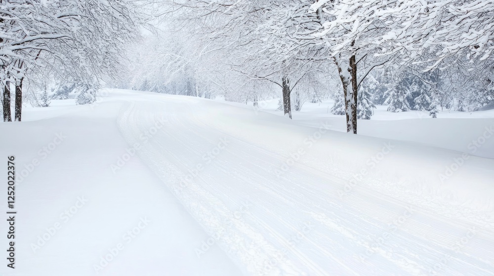 Fototapeta premium Snowy path through winter trees, peaceful landscape, ideal for winter themed designs